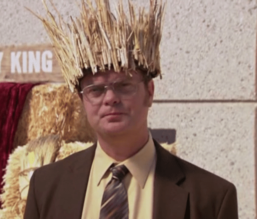 Imagem de Dwight Schrute, perfonagem da série The Office, usando uma coroa de feno.